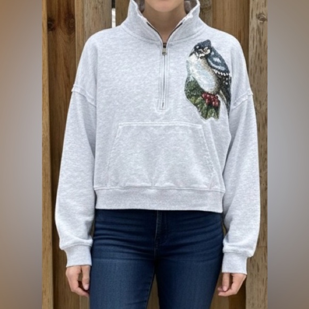 American Eagle Outfitters Light Gray Half-Zip Sweatshirt with Bird Patch